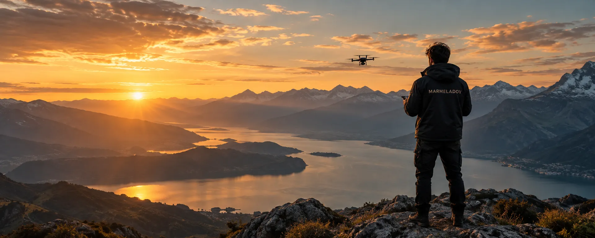 Оператор MARMELADOV с дроном над озером на закате
